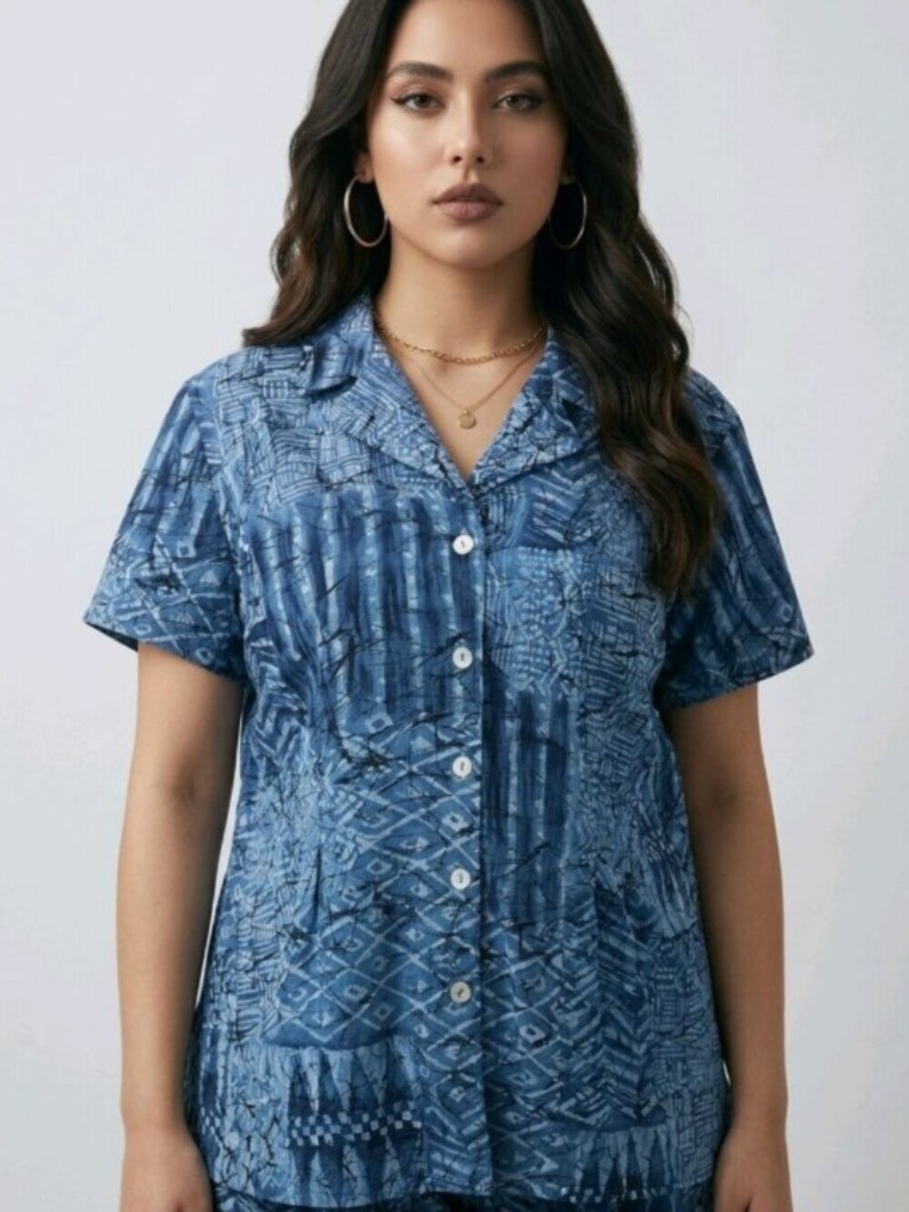 Vintage 90s Laura Scott Button Up Blouse Geometric Blue Black White Women's 20W